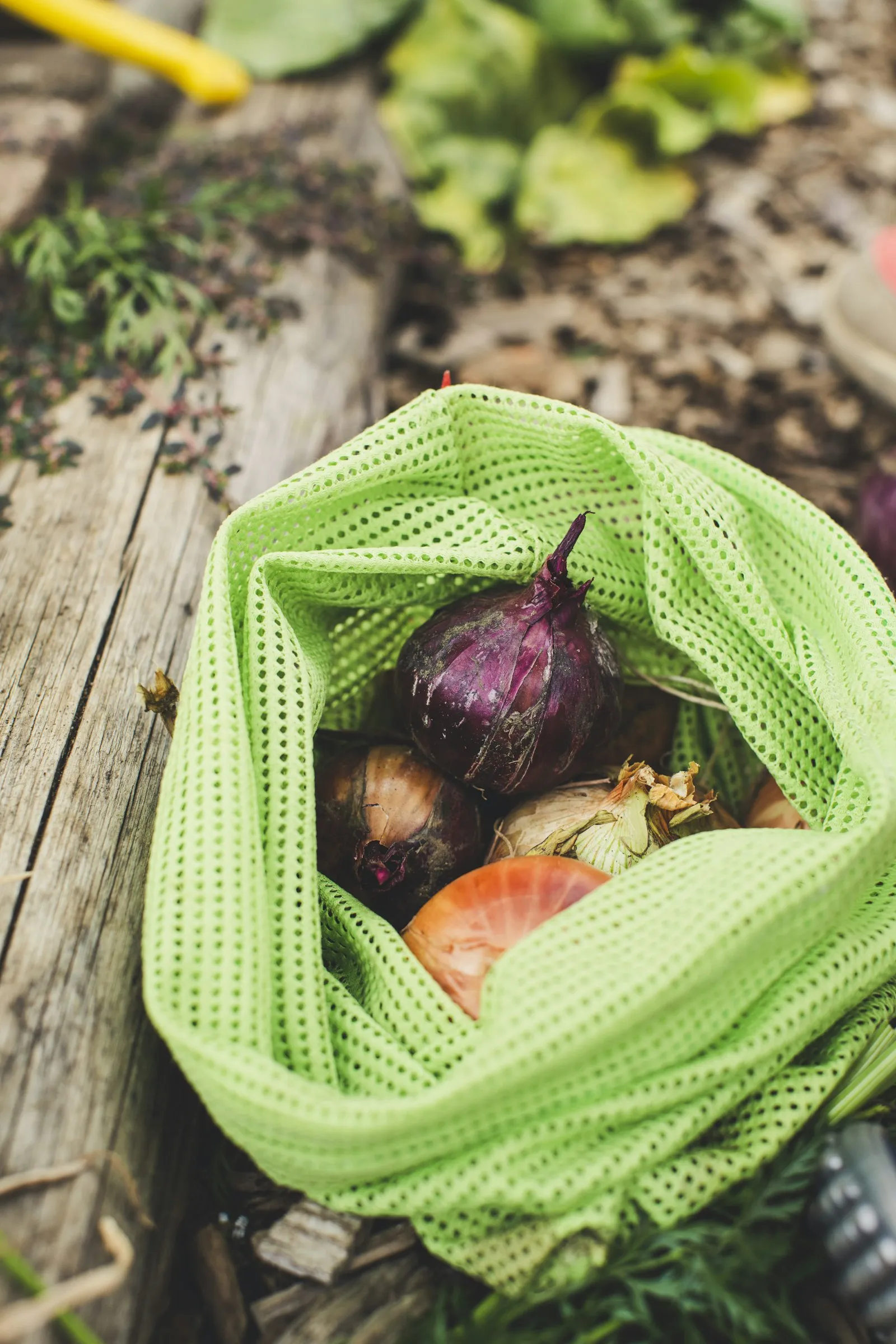 Green mesh produce bag filled with vegetables on a wooden table